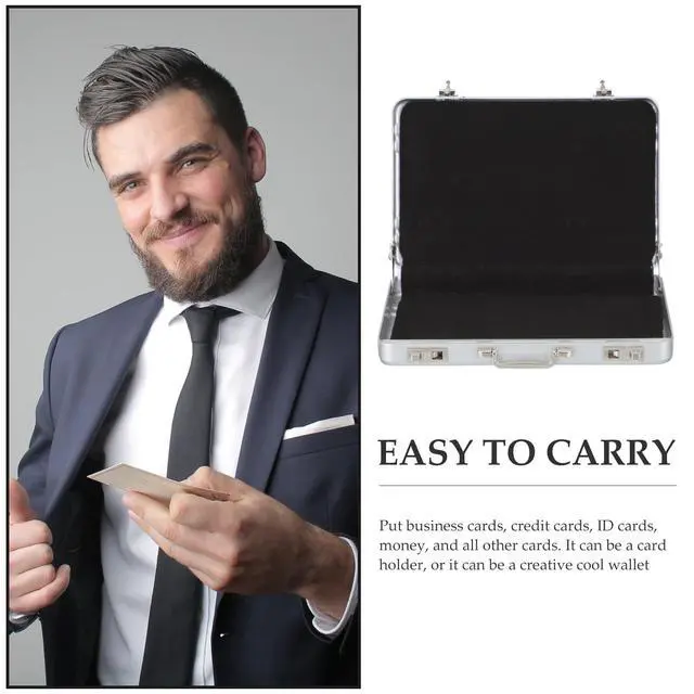 Alt view image 3 of 7 - Business Card Holder Case: Portable Mini Briefcase Aluminum Credit ID Storage Box Organizer for Men Women Compact Suitcase Case Costume Props for Office Meeting Supplies and Visiting Cards