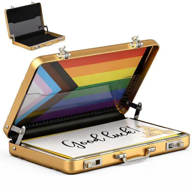 Main image of Mini Briefcase Metal Business Card Holder Case - Aluminum Postcard Box Portable, Gold Small Briefcases Gift with Waterproof Pocket Credit Holder for Professional Women Men's Cards & ID Organizer