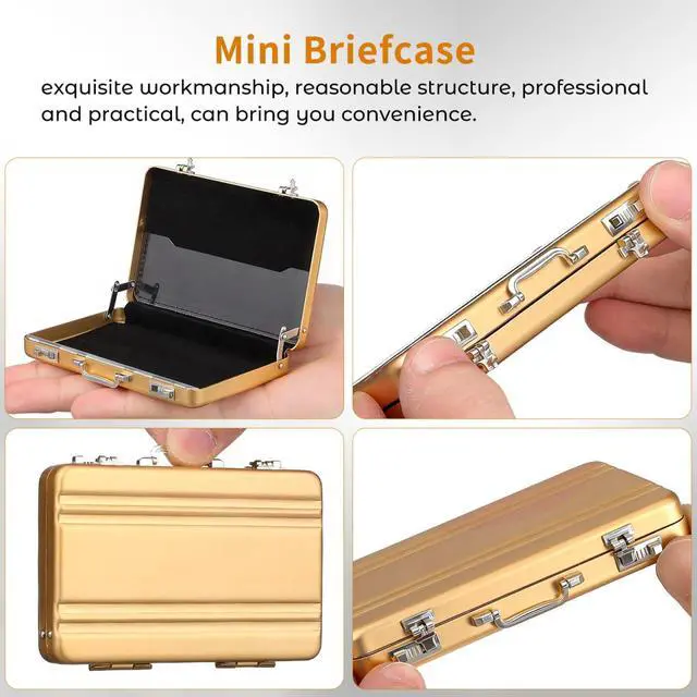 Alt view image 3 of 7 - Mini Briefcase Metal Business Card Holder Case - Aluminum Postcard Box Portable, Gold Small Briefcases Gift with Waterproof Pocket Credit Holder for Professional Women Men's Cards & ID Organizer