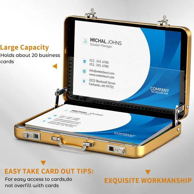 Alt view image 4 of 7 - Mini Briefcase Metal Business Card Holder Case - Aluminum Postcard Box Portable, Gold Small Briefcases Gift with Waterproof Pocket Credit Holder for Professional Women Men's Cards & ID Organizer