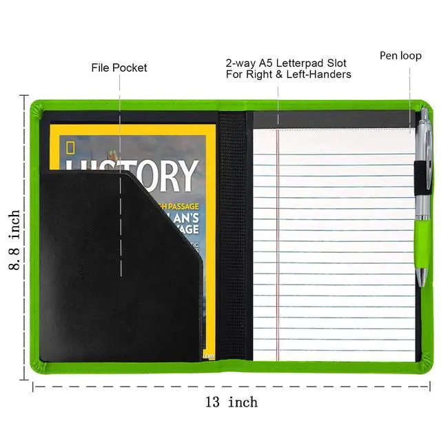 Alt view image 2 of 6 - , Mini Padfolio Portfolio Binder 5 x 8 Legal Writing Pad, A5 Document Organizer Folder for Men Women,Green.