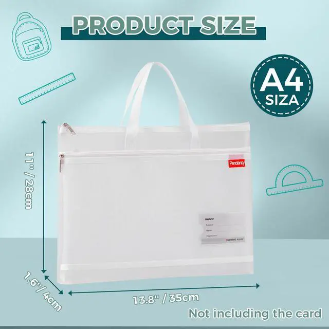Alt view image 2 of 7 - Mesh Zipper Pouch A4 Size, Large Double Pocket Lightweight Nylon Transparent File Bag with Handle, 11x13.8 in Foldable Document Storage for Puzzle Project/Cross Stitch/Travel/Office (White)