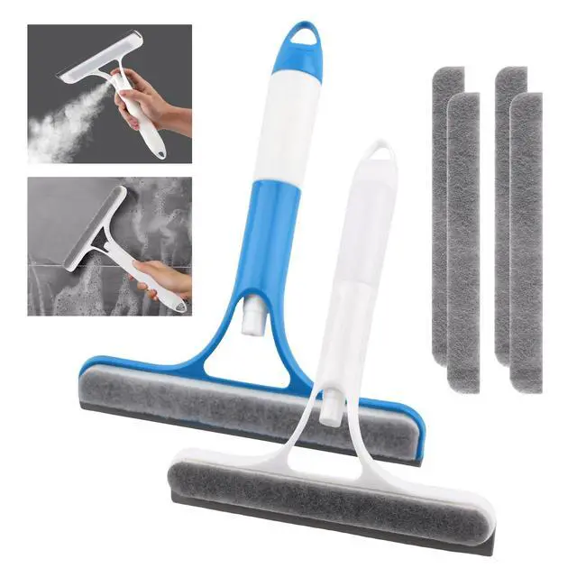 Alt view image 2 of 7 - 3 in 1 Window Cleaning Scraper with 2 Replaceable Cleaning Cotton Strips, 3 in 1 Spray Squeegee for Home Glass Doors Car Windows Glass, All-Purpose Window Cleaner Tool(1pc White & 1pc Blue)