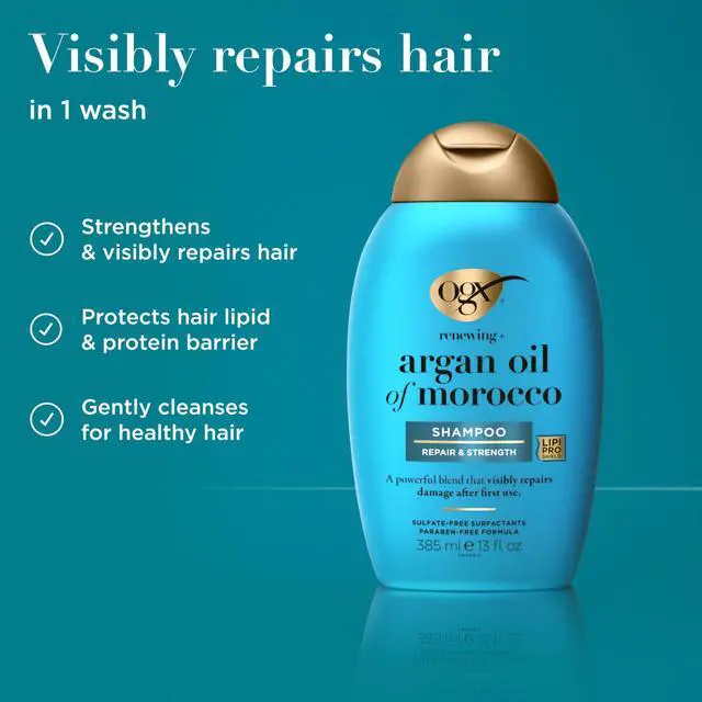Alt view image 3 of 7 - Renewing + Argan Oil of Morocco Shampoo, Damage Repairing Shampoo & Argan Oil to Help Strengthen & Repair Dry, Damaged Hair, Paraben-Free, Sulfate-Free Surfactants, 13 fl. Oz