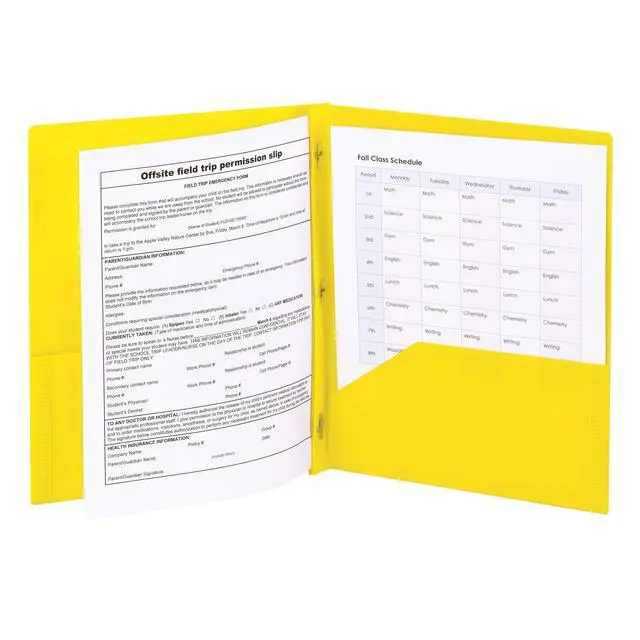 Alt view image 5 of 5 - Poly Two-Pocket Folder, Three-Hole Punch Prong Fasteners, Letter Size, Yellow, 3 per Pack (87733)