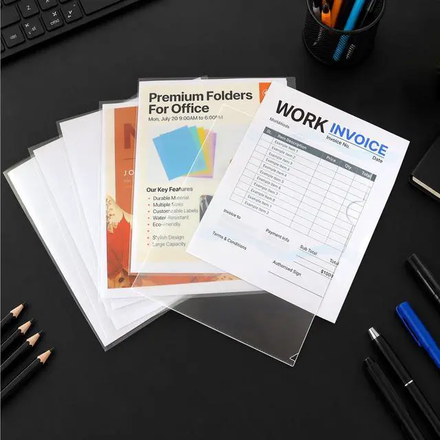 Alt view image 5 of 6 - Clear L-Shaped File Folders, Letter Size Transparent Project Pockets, Heavy Duty Plastic Document Sleeves with Top & Side Opening, Clear Folder for School, Office, and Home Organization (10)