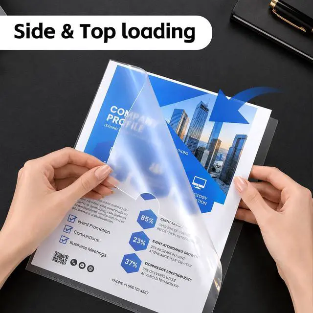 Alt view image 6 of 6 - Clear L-Shaped File Folders, Letter Size Transparent Project Pockets, Heavy Duty Plastic Document Sleeves with Top & Side Opening, Clear Folder for School, Office, and Home Organization (10)