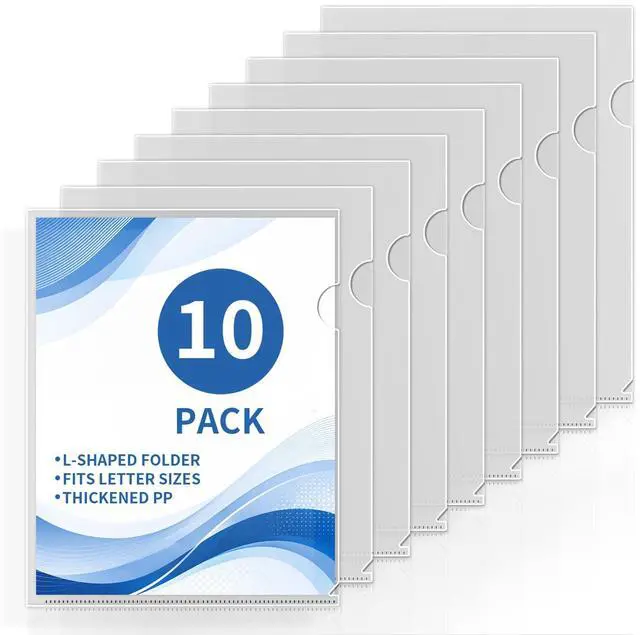 Main image of Clear L-Shaped File Folders, Letter Size Transparent Project Pockets, Heavy Duty Plastic Document Sleeves with Top & Side Opening, Clear Folder for School, Office, and Home Organization (10)