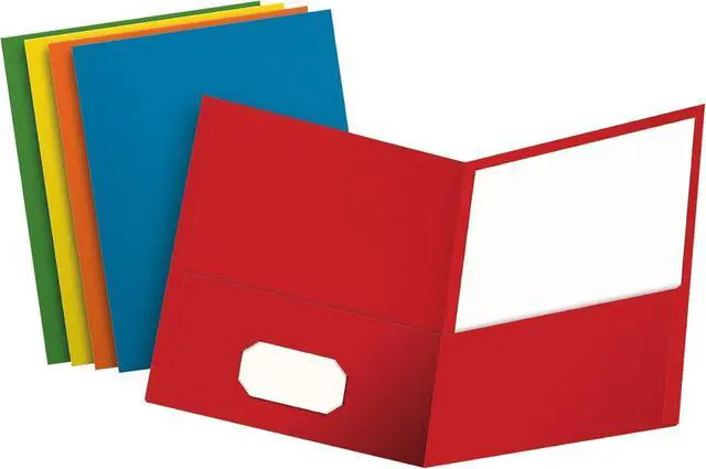 Main image of Two Pocket Folders, Textured Paper, Assorted Colors (Blue, Red, Yellow, Orange, Green), For School, Home, and Office, Letter Size, 25 Per Box (57513EE)