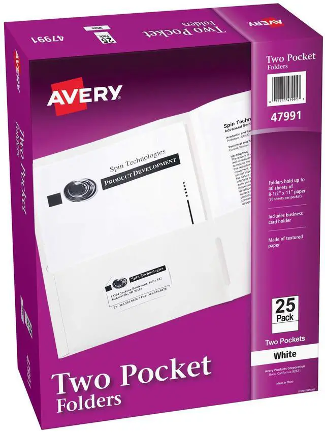 Main image of Two Pocket Folders, Holds up to 40 Sheets, Business Card Slot, 25 White Folders (47991)