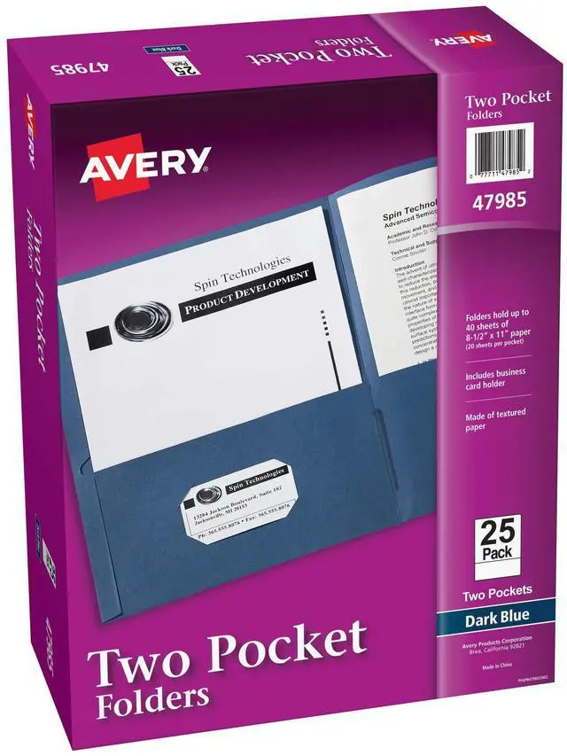 Main image of Two Pocket Folders, Holds up to 40 Sheets, Business Card Slot, Ideal for Portfolios, Presentations and School, Dark Blue, Box of 25 (47985)