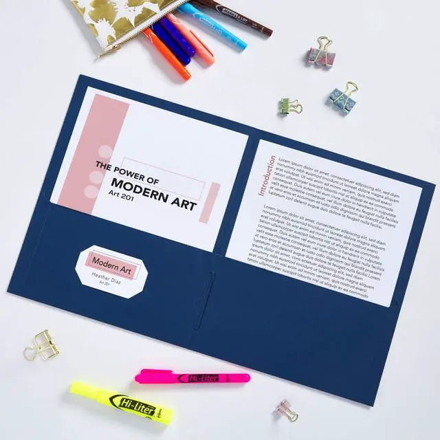 Alt view image 3 of 7 - Two Pocket Folders, Holds up to 40 Sheets, Business Card Slot, Ideal for Portfolios, Presentations and School, Dark Blue, Box of 25 (47985)