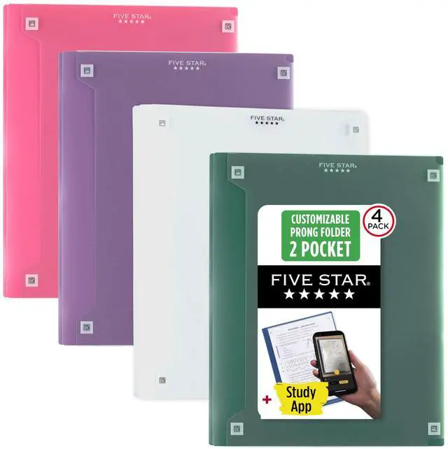 Main image of 2-Pocket Folder + Study App, 4 Pack, Plastic Folder with Prong Fasteners and Customizable Clear Cover, Holds 8-1/2" x 11" Paper, White, Purple, Yellow, Blue (340220B-ECM)