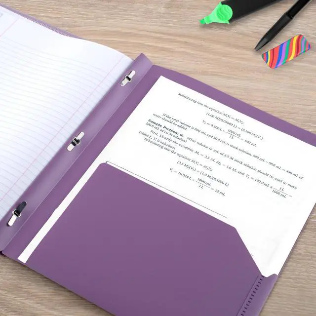 Alt view image 5 of 7 - 2-Pocket Folder + Study App, 4 Pack, Plastic Folder with Prong Fasteners and Customizable Clear Cover, Holds 8-1/2" x 11" Paper, White, Purple, Yellow, Blue (340220B-ECM)