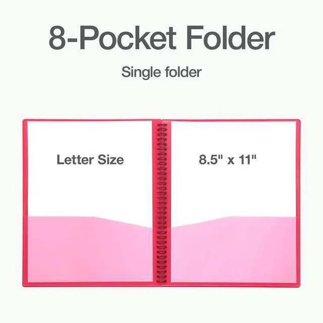 Alt view image 2 of 6 - 8-Pocket Organizer, Letter Size Folder, Durable Translucent Poly, Wire Binding, Holds 200 Sheets, Assorted Colors (Red, Blue, Green and Purple), No Color Choice, 1 Per Pack (5740404)