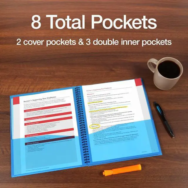 Alt view image 4 of 6 - 8-Pocket Organizer, Letter Size Folder, Durable Translucent Poly, Wire Binding, Holds 200 Sheets, Assorted Colors (Red, Blue, Green and Purple), No Color Choice, 1 Per Pack (5740404)