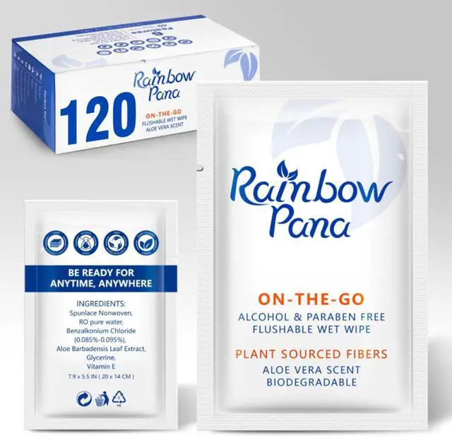 Main image of Flushable Wipes - 120 Count, ON-THE-GO Individually Wrapped - Travel Butt Wipes for Men and Women, Family - Infused with Vitamin E and Natural Aloe, pH Balanced, Paraben/Fragrance/Alcohol Free,