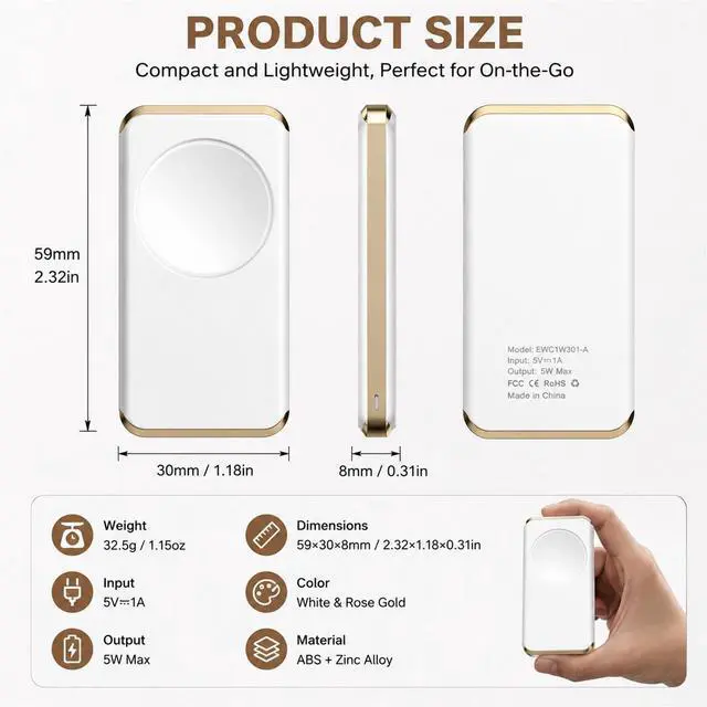 Alt view image 4 of 6 - Portable Magnetic Wireless iWatch Charger for Smart Watches, 5W Fast Charging, USB-C Compact Travel Charging Dock White