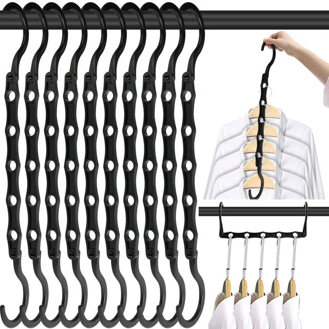 Alt view image 8 of 14 - Space Saving Hangers 10 Pack, Heavy Duty Magic Cascading Hanger Organizer with 5 Enclosed Anti-Slip Holes, Closet Organizers and Storage for Clothes, College Dorm Room Essentials, Black