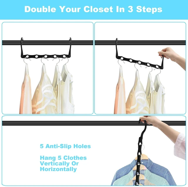 Alt view image 11 of 14 - Space Saving Hangers 10 Pack, Heavy Duty Magic Cascading Hanger Organizer with 5 Enclosed Anti-Slip Holes, Closet Organizers and Storage for Clothes, College Dorm Room Essentials, Black