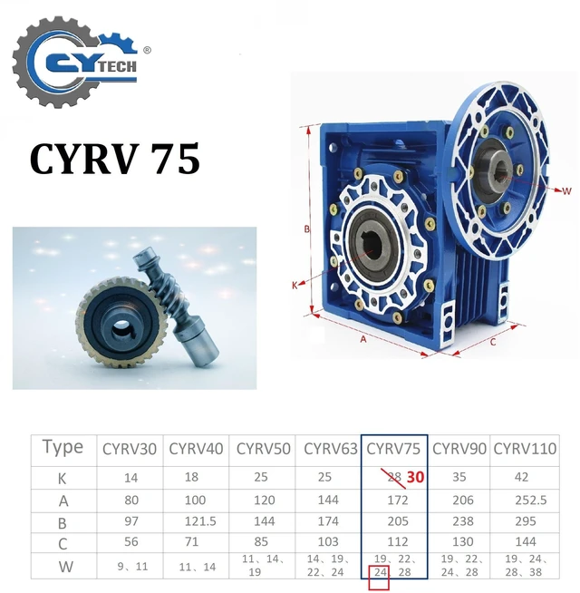 Alt view image 4 of 7 - Gearbox NMRV075 Worm Gear Reducer CYRV075 Ratio 100:1 Flange 80B5 Input 19mm Output 28mm CHENYUE TECH