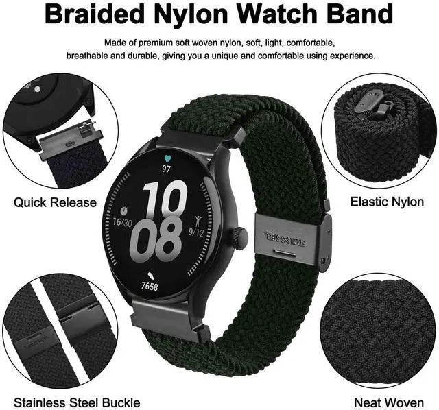 Alt view image 3 of 7 - 22mm Braided Nylon Watch Band for Men and Women, Quick Release, Black Stainless Steel Buckle (Black)