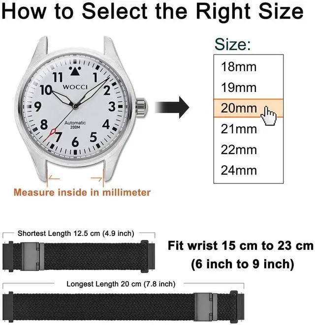 Alt view image 4 of 7 - 22mm Braided Nylon Watch Band for Men and Women, Quick Release, Black Stainless Steel Buckle (Black)