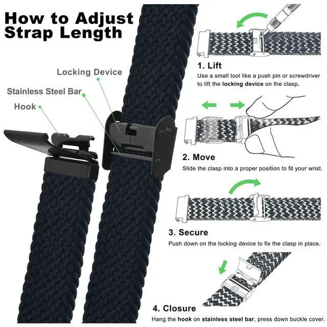 Alt view image 5 of 7 - 22mm Braided Nylon Watch Band for Men and Women, Quick Release, Black Stainless Steel Buckle (Black)