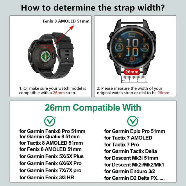 Alt view image 3 of 6 - 26mm Quickfit Silicone Watch Bands Compatible with Garmin Fenix 8 Pro/quatix 8 51mm/Fenix 7X/7X Pro/6X/6X Pro/5X/5X Plus/3 HR/Enduro 3 2/Descent Mk3i 51mm/Mk2i/Tactix 8/7 pro/epix Pro 51MM