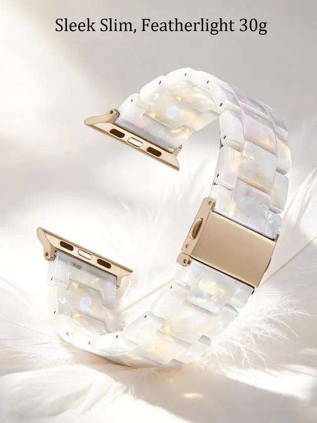 Alt view image 3 of 7 - Resin Band Compatible with Apple Watch Series 7/8/9/10/11 41/40/38/42mm, Women Fashion Strap for iWatch Series 6/5/4/3/2/1/SE, Lightweight Bracelet Wristband Replacement, Ivory White-Rose Gold