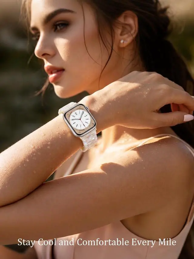 Alt view image 4 of 7 - Resin Band Compatible with Apple Watch Series 7/8/9/10/11 41/40/38/42mm, Women Fashion Strap for iWatch Series 6/5/4/3/2/1/SE, Lightweight Bracelet Wristband Replacement, Ivory White-Rose Gold