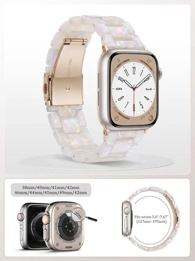 Alt view image 6 of 7 - Resin Band Compatible with Apple Watch Series 7/8/9/10/11 41/40/38/42mm, Women Fashion Strap for iWatch Series 6/5/4/3/2/1/SE, Lightweight Bracelet Wristband Replacement, Ivory White-Rose Gold