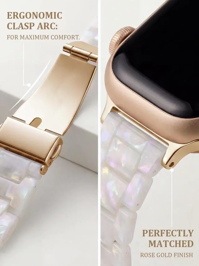 Alt view image 5 of 7 - Resin Band Compatible with Apple Watch Series 7/8/9/10/11 41/40/38/42mm, Women Fashion Strap for iWatch Series 6/5/4/3/2/1/SE, Lightweight Bracelet Wristband Replacement, Ivory White-Rose Gold