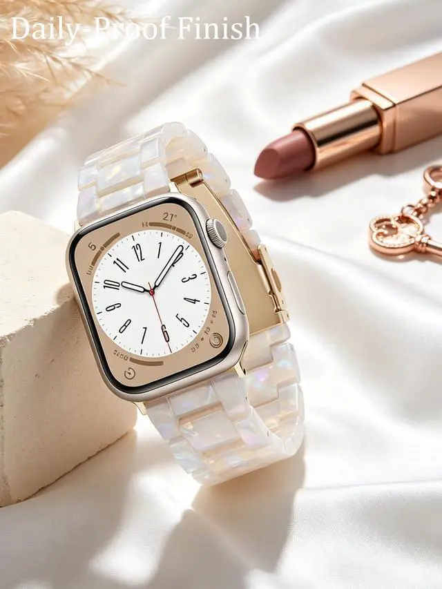 Alt view image 7 of 7 - Resin Band Compatible with Apple Watch Series 7/8/9/10/11 41/40/38/42mm, Women Fashion Strap for iWatch Series 6/5/4/3/2/1/SE, Lightweight Bracelet Wristband Replacement, Ivory White-Rose Gold