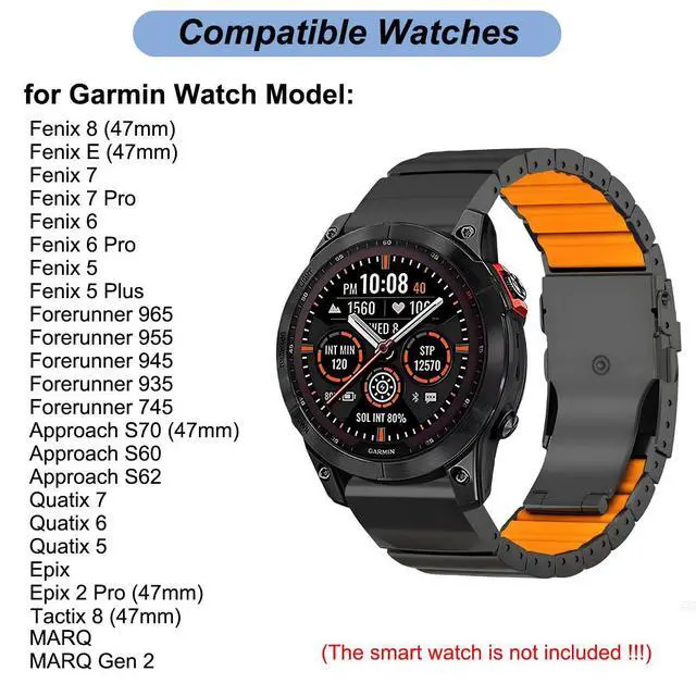 Alt view image 2 of 7 - 22mm Titanium Silicone Bands for Garmin Fenix 8 (47mm)/7/6/5, Forerunner 965 955, Approach S60 S62, Quatix 7 6 5, Epix Pro 2 (47mm), MARQ Gen 2 - 22mm Quick Easy Fit Watch Band Strap