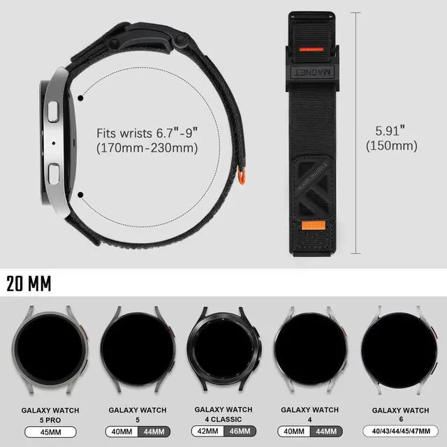 Alt view image 2 of 7 - Compatible with Samsung Galaxy Watch 7 6 5 4 FE Band 40mm 44mm/ Watch 6 4 Classic 47mm 43mm 42mm 46mm/5 Pro 45mm/Watch 3 Classic 41mm/Active 2, 20mm Nylon magnetic snap fastener Replacement band