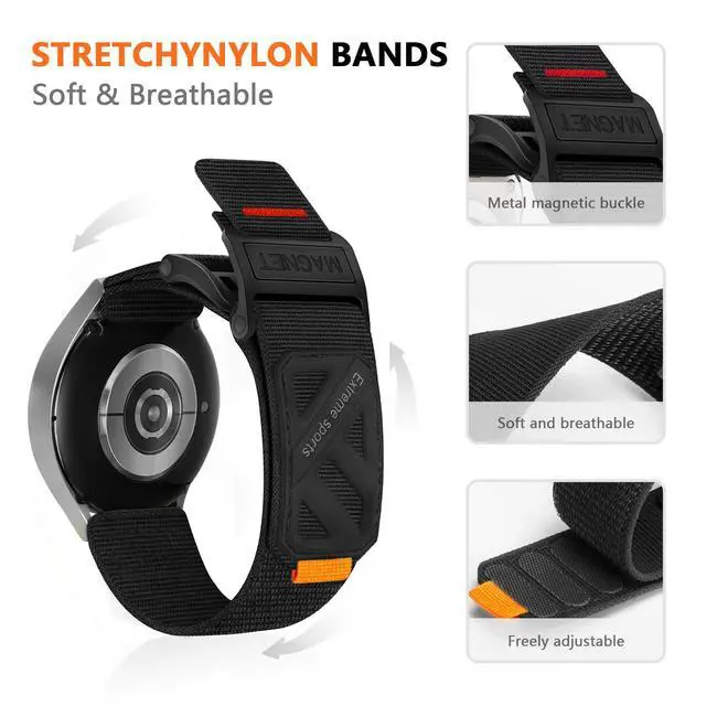 Alt view image 4 of 7 - Compatible with Samsung Galaxy Watch 7 6 5 4 FE Band 40mm 44mm/ Watch 6 4 Classic 47mm 43mm 42mm 46mm/5 Pro 45mm/Watch 3 Classic 41mm/Active 2, 20mm Nylon magnetic snap fastener Replacement band
