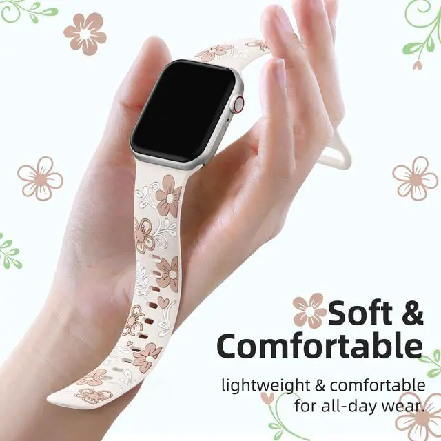 Alt view image 3 of 7 - Floral Band Compatible with Apple Watch Bands For Women 41mm 40mm 38mm 42mm 44mm 45mm 46mm 49mm, Engraved Cute Flower Soft Silicone Strap for iWatch Series 11 10 9 8 7 6 5 4 3 2 1 SE Ultra