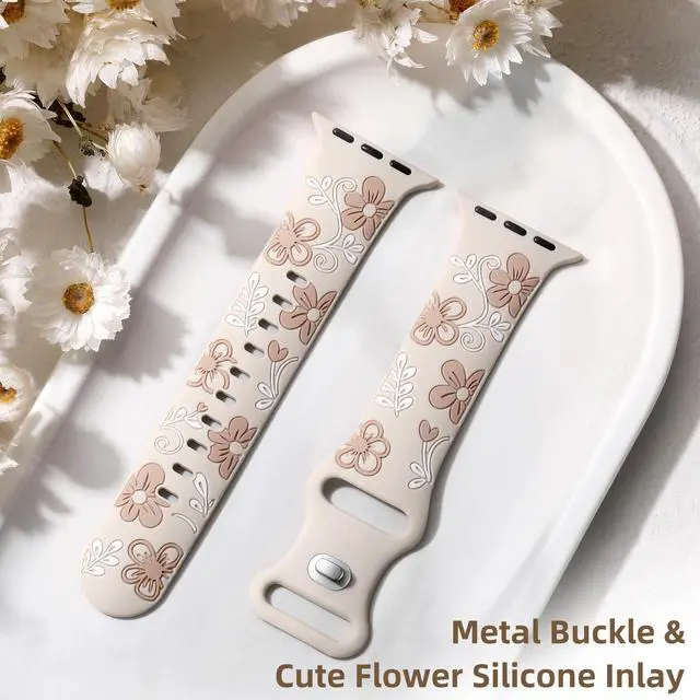 Alt view image 6 of 7 - Floral Band Compatible with Apple Watch Bands For Women 41mm 40mm 38mm 42mm 44mm 45mm 46mm 49mm, Engraved Cute Flower Soft Silicone Strap for iWatch Series 11 10 9 8 7 6 5 4 3 2 1 SE Ultra