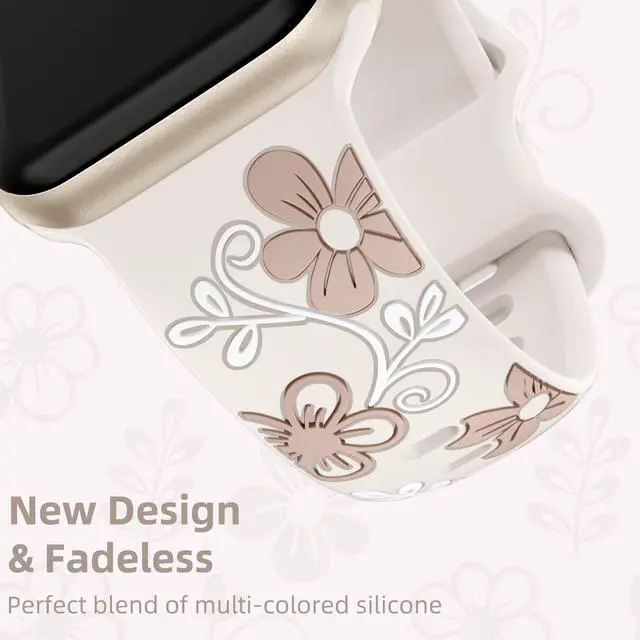 Alt view image 7 of 7 - Floral Band Compatible with Apple Watch Bands For Women 41mm 40mm 38mm 42mm 44mm 45mm 46mm 49mm, Engraved Cute Flower Soft Silicone Strap for iWatch Series 11 10 9 8 7 6 5 4 3 2 1 SE Ultra