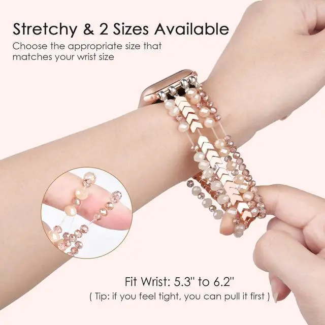 Alt view image 2 of 7 - Beaded Bracelet Apple Watch Band for Women 38mm 40mm 41mm 42mm, Elastic Stretch Women Strap Bands Compatible with iWatch Series 11/10/9/8/7/SE/6/5/4/3/2/1, Rose Gold for 5.3''-6.2'' Wrists