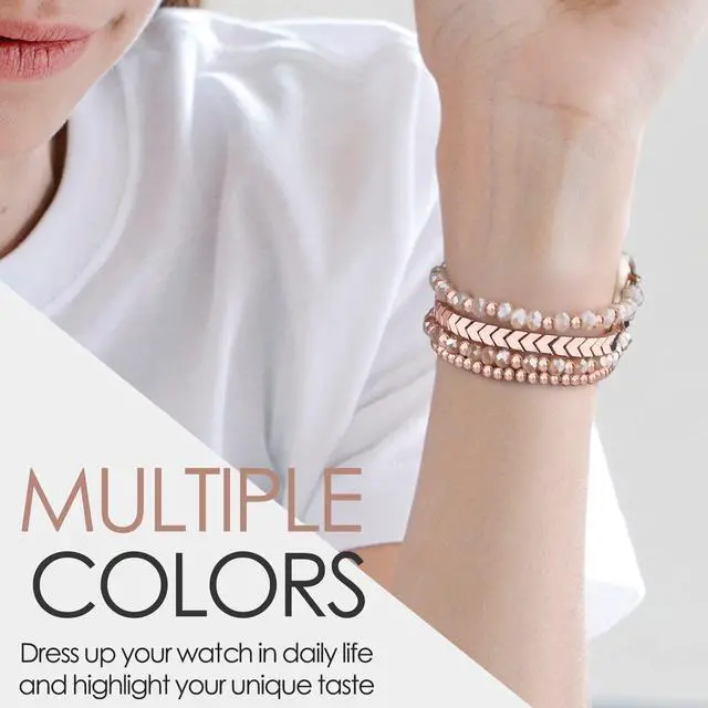 Alt view image 3 of 7 - Beaded Bracelet Apple Watch Band for Women 38mm 40mm 41mm 42mm, Elastic Stretch Women Strap Bands Compatible with iWatch Series 11/10/9/8/7/SE/6/5/4/3/2/1, Rose Gold for 5.3''-6.2'' Wrists