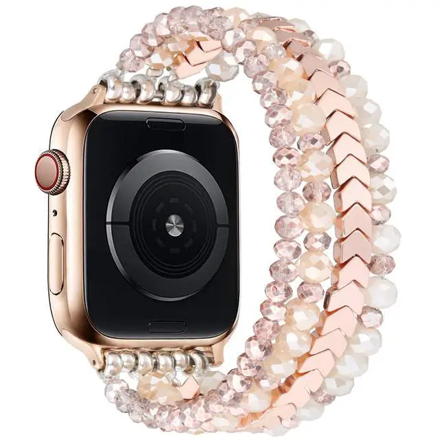 Alt view image 5 of 7 - Beaded Bracelet Apple Watch Band for Women 38mm 40mm 41mm 42mm, Elastic Stretch Women Strap Bands Compatible with iWatch Series 11/10/9/8/7/SE/6/5/4/3/2/1, Rose Gold for 5.3''-6.2'' Wrists