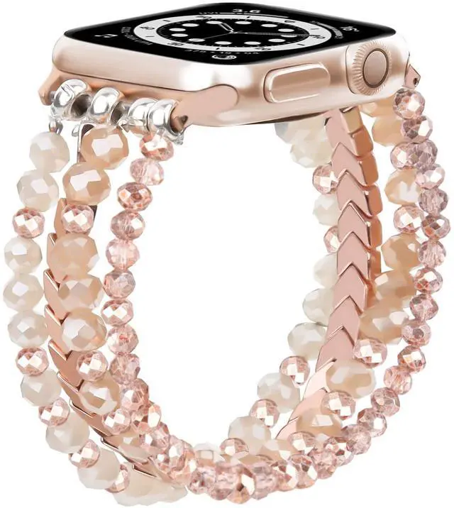 Alt view image 6 of 7 - Beaded Bracelet Apple Watch Band for Women 38mm 40mm 41mm 42mm, Elastic Stretch Women Strap Bands Compatible with iWatch Series 11/10/9/8/7/SE/6/5/4/3/2/1, Rose Gold for 5.3''-6.2'' Wrists