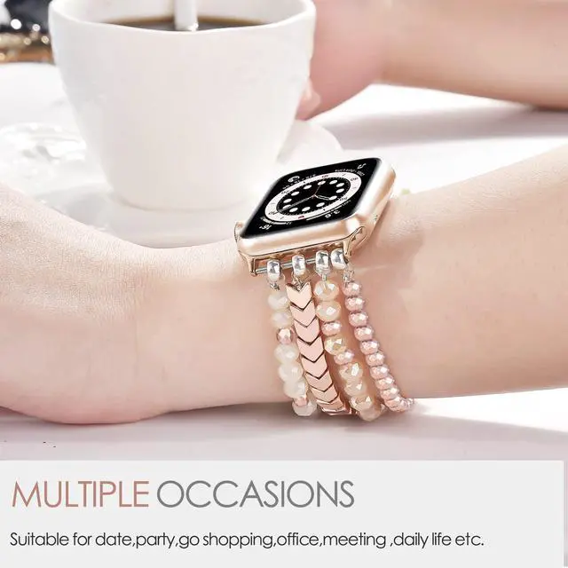 Alt view image 4 of 7 - Beaded Bracelet Apple Watch Band for Women 38mm 40mm 41mm 42mm, Elastic Stretch Women Strap Bands Compatible with iWatch Series 11/10/9/8/7/SE/6/5/4/3/2/1, Rose Gold for 5.3''-6.2'' Wrists