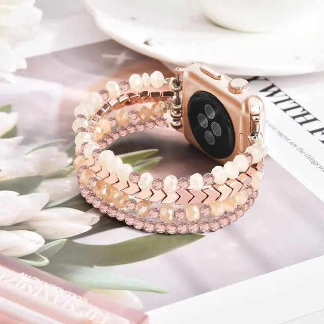 Alt view image 7 of 7 - Beaded Bracelet Apple Watch Band for Women 38mm 40mm 41mm 42mm, Elastic Stretch Women Strap Bands Compatible with iWatch Series 11/10/9/8/7/SE/6/5/4/3/2/1, Rose Gold for 5.3''-6.2'' Wrists