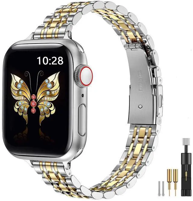 Main image of Slim Metal Band Compatible with Apple Watch Band 42mm(Series 11 10) 41mm(Series 9 8 7) 40mm(Series 6 5 4 SE3/2/1) 38mm(Series 3 2 1),Stainless Steel iWatch Bands for Women,Silver/Gold