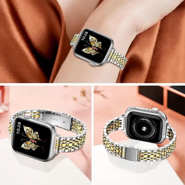 Alt view image 2 of 7 - Slim Metal Band Compatible with Apple Watch Band 42mm(Series 11 10) 41mm(Series 9 8 7) 40mm(Series 6 5 4 SE3/2/1) 38mm(Series 3 2 1),Stainless Steel iWatch Bands for Women,Silver/Gold