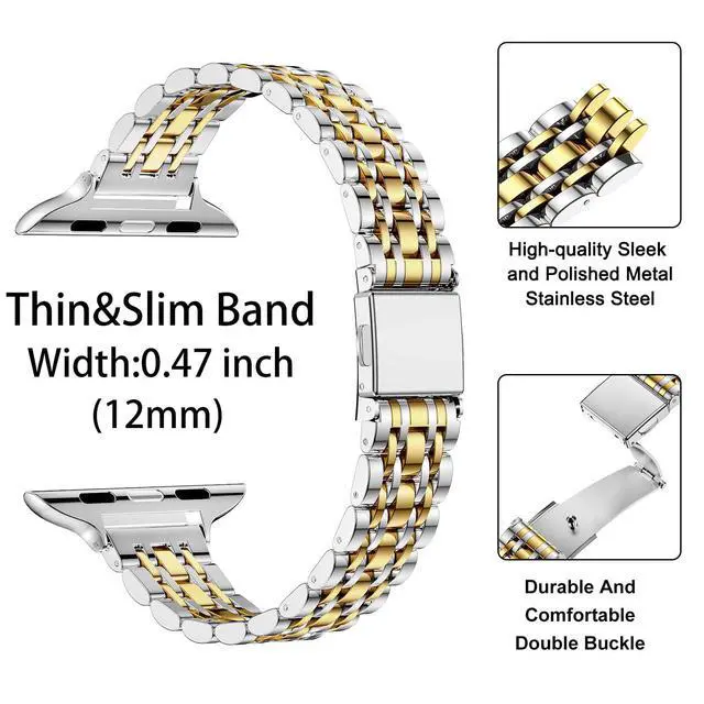 Alt view image 4 of 7 - Slim Metal Band Compatible with Apple Watch Band 42mm(Series 11 10) 41mm(Series 9 8 7) 40mm(Series 6 5 4 SE3/2/1) 38mm(Series 3 2 1),Stainless Steel iWatch Bands for Women,Silver/Gold