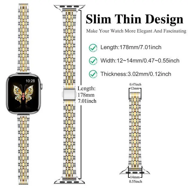 Alt view image 3 of 7 - Slim Metal Band Compatible with Apple Watch Band 42mm(Series 11 10) 41mm(Series 9 8 7) 40mm(Series 6 5 4 SE3/2/1) 38mm(Series 3 2 1),Stainless Steel iWatch Bands for Women,Silver/Gold